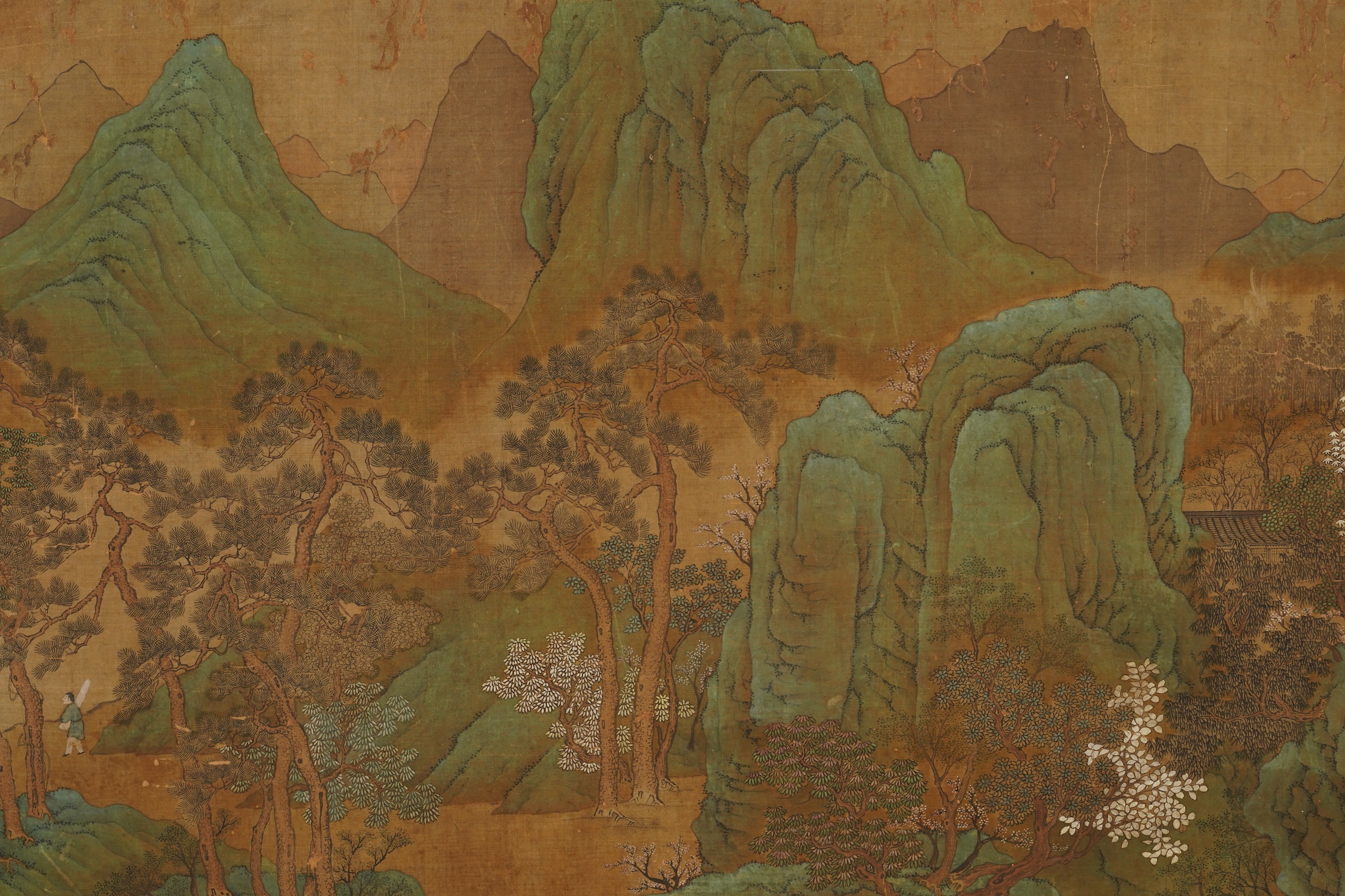 Chinese School , 17th century or earlier, Scholars in a mountainous river landscape scene with pavilions, Ink and colour on silk, incomplete clerical script signature, 54cm x 290cm